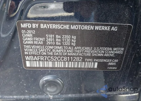 2012 BMW 535I z USA, uszkodzony, nr VIN WBAFR7C52CC811282